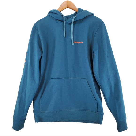 Patagonia Uprisal Hoodie Sweatshirt Men M Regular Fit Teal Pullover Orange Logo - Picture 6 of 14